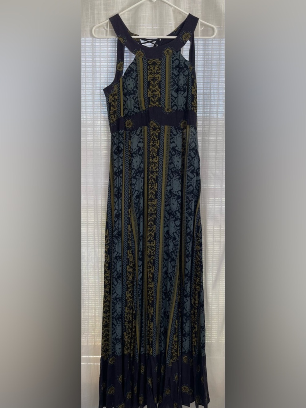 Free People Boho Maxi Dress in Navy and Olive Pattern